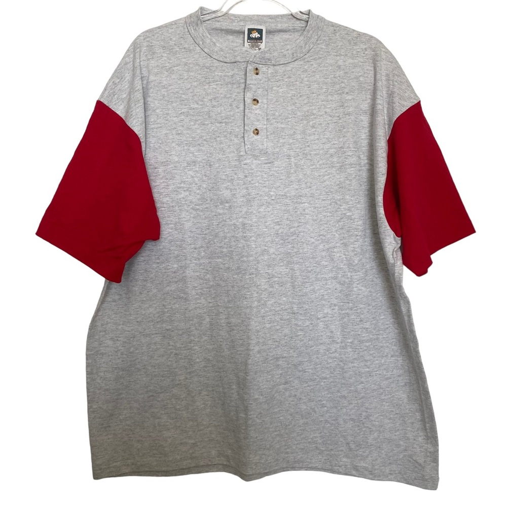 Vintage Mens Cotton Deluxe T Shirt Henley Single Stitch Gray Red Size XL